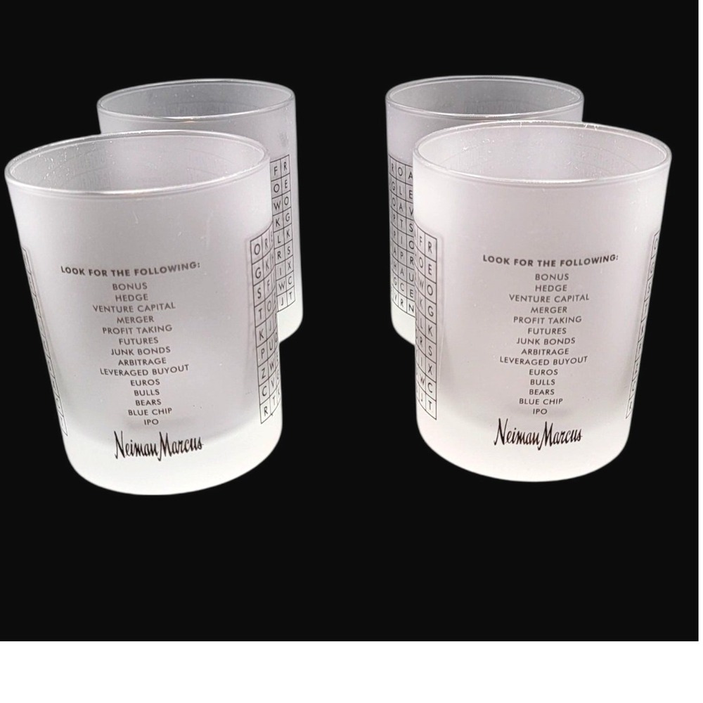 Vintage Neiman Marcus Wall Street Frosted Barware Word‎ Search Glasses Set of 4